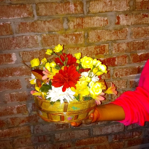 Oval bamboo ribbon basket holding yellow roses,burnt orange and cream flowers. - Picture 1 of 1